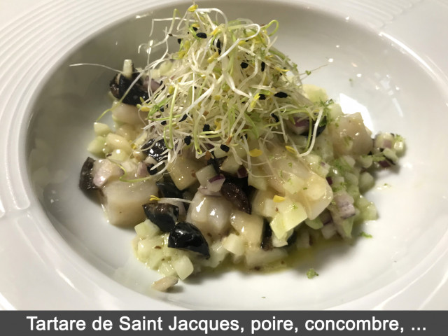 La Bisquine Tartare de Saint Jacques, poire, concombre et ...,                                  